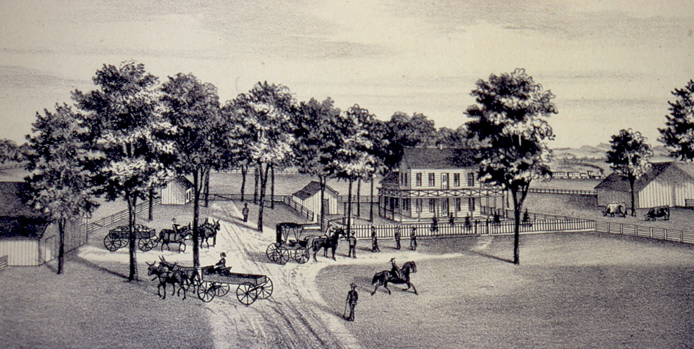 An 1877 lithograph of the Patrick House, with horse teams, wagons and the farmhouse under its trees.